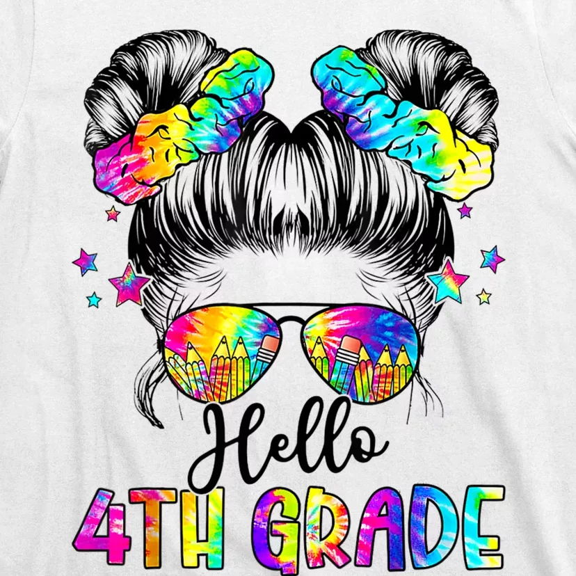 Hello 4th Grade Messy Hair Bun Girl Back To School First Day T-Shirt