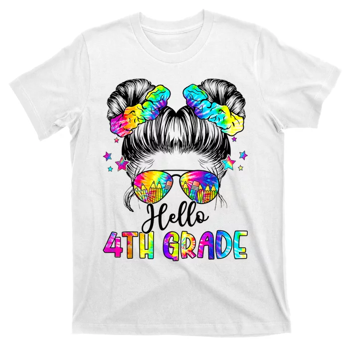 Hello 4th Grade Messy Hair Bun Girl Back To School First Day T-Shirt