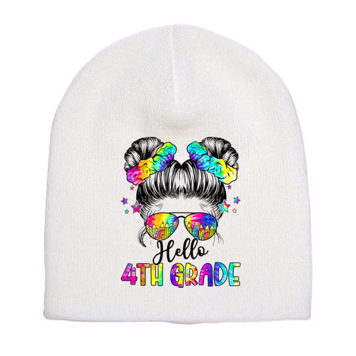 Hello 4th Grade Messy Hair Bun Girl Back To School First Day Short Acrylic Beanie