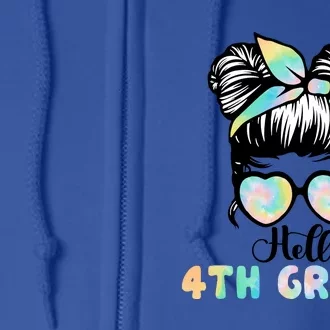 Hello 4th Grade Messy Hair Bun Girl Back To School First Day Full Zip Hoodie