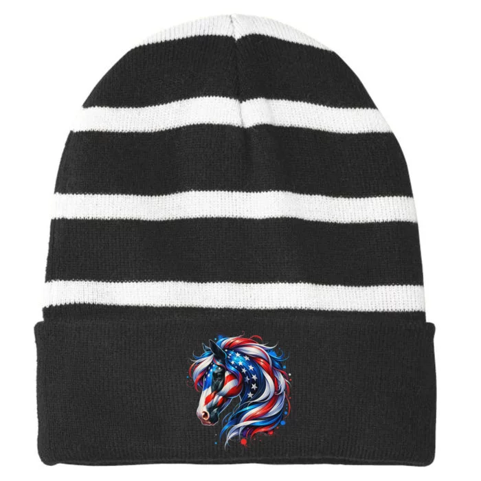 Horse 4th Of July Patriotic Horse Graphic American Flag Striped Beanie with Solid Band