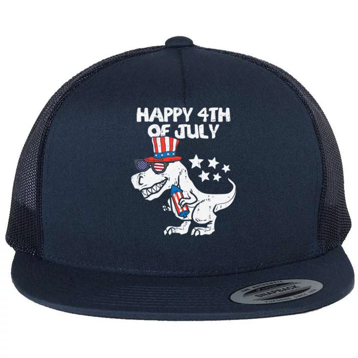 Happy 4th Of July T-Rex Dino Dinosaur Baby Boy Flat Bill Trucker Hat