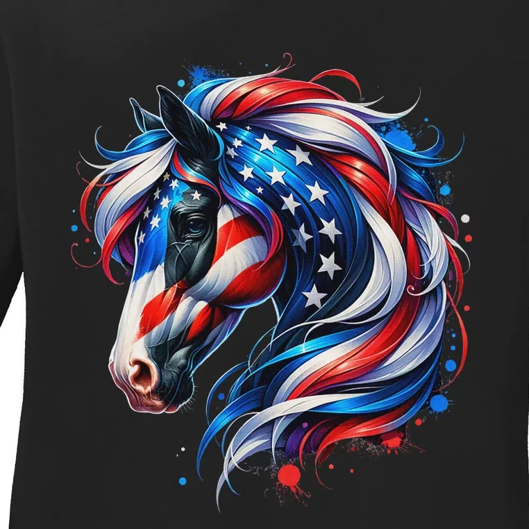 Horse 4th Of July Patriotic Horse Graphic American Flag Ladies Long Sleeve Shirt