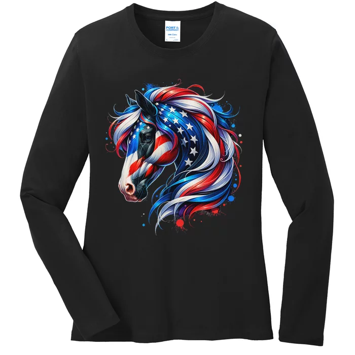 Horse 4th Of July Patriotic Horse Graphic American Flag Ladies Long Sleeve Shirt