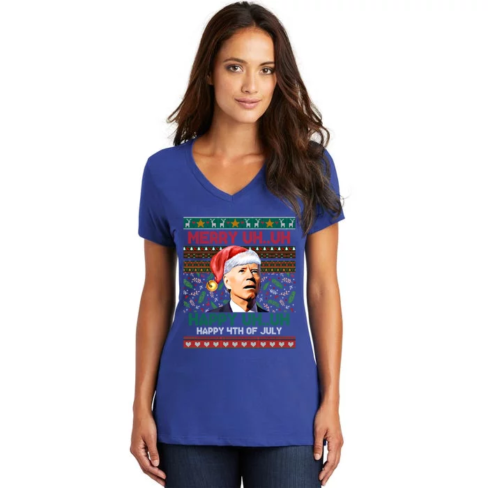 Happy 4th Of July Joe Biden Merry Uh Uh Ugly Christmas Gift Women's V-Neck T-Shirt