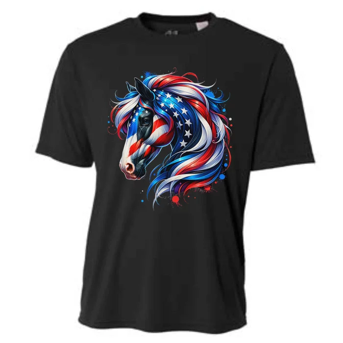 Horse 4th Of July Patriotic Horse Graphic American Flag Cooling Performance Crew T-Shirt