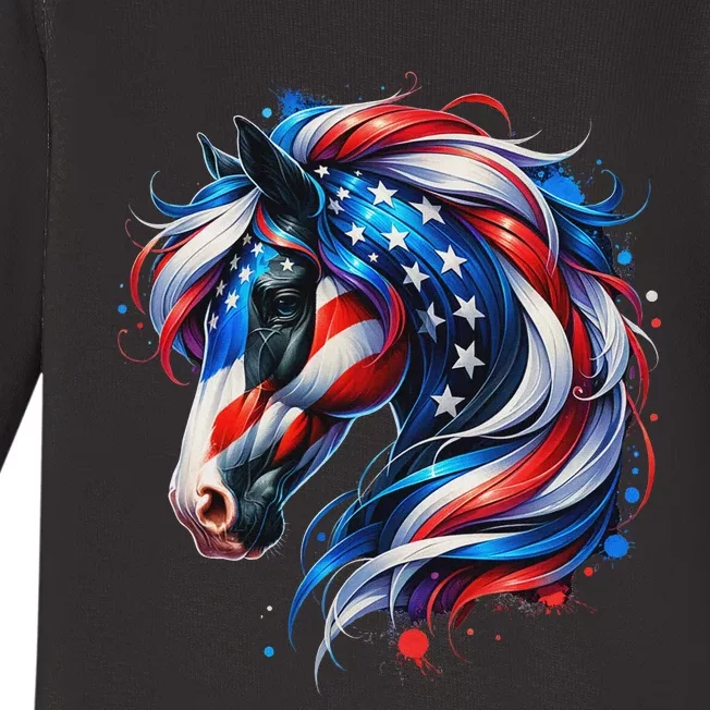 Horse 4th Of July Patriotic Horse Graphic American Flag Baby Long Sleeve Bodysuit