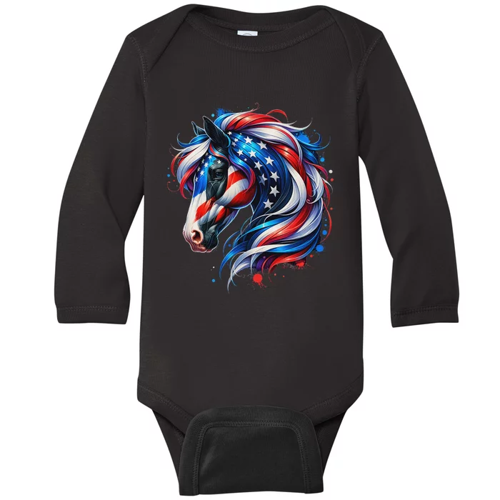 Horse 4th Of July Patriotic Horse Graphic American Flag Baby Long Sleeve Bodysuit