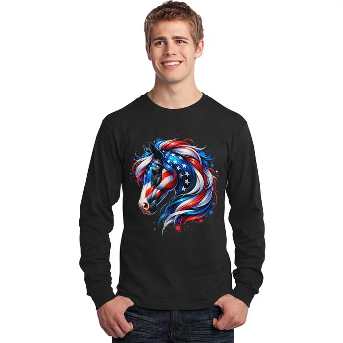 Horse 4th Of July Patriotic Horse Graphic American Flag Tall Long Sleeve T-Shirt