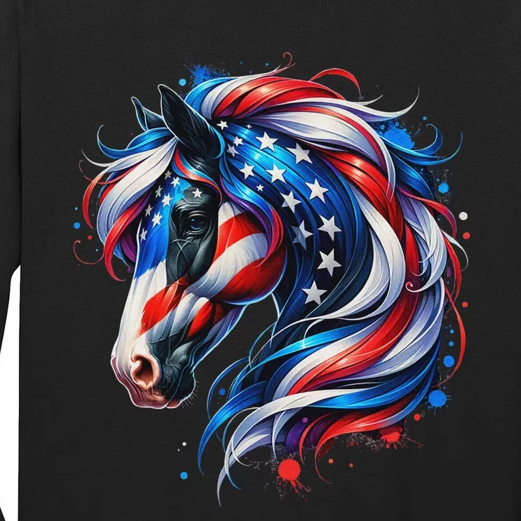 Horse 4th Of July Patriotic Horse Graphic American Flag Tall Long Sleeve T-Shirt