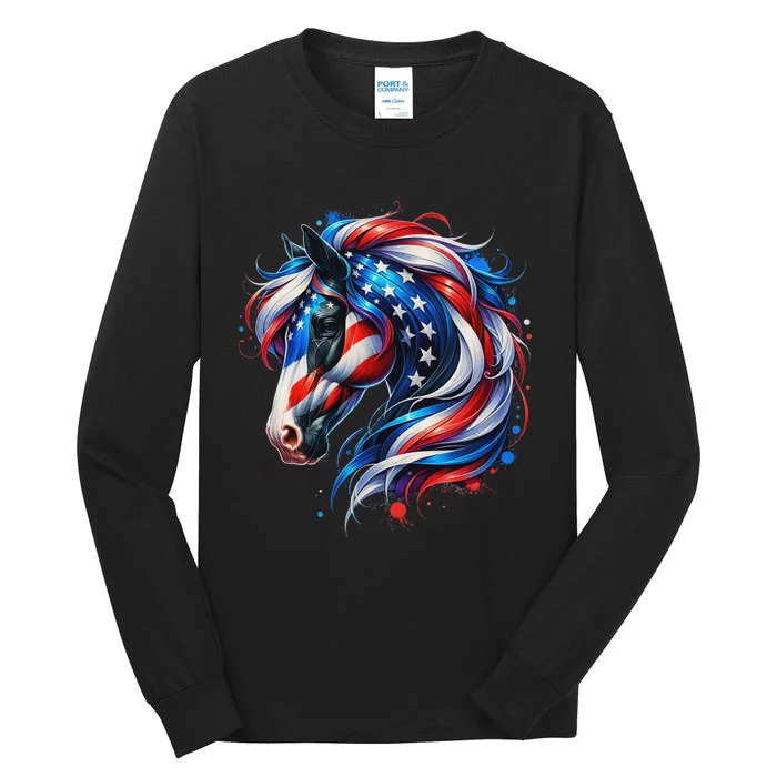 Horse 4th Of July Patriotic Horse Graphic American Flag Tall Long Sleeve T-Shirt