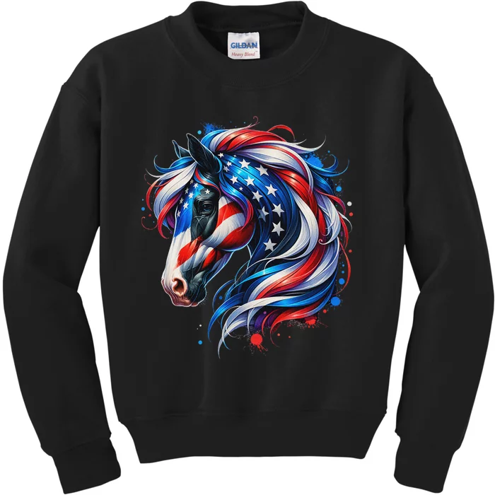 Horse 4th Of July Patriotic Horse Graphic American Flag Kids Sweatshirt