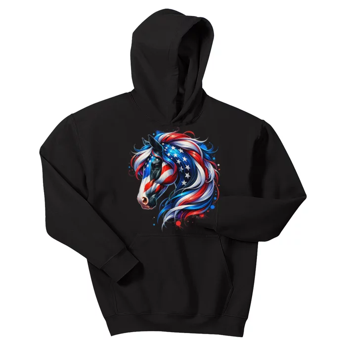 Horse 4th Of July Patriotic Horse Graphic American Flag Kids Hoodie