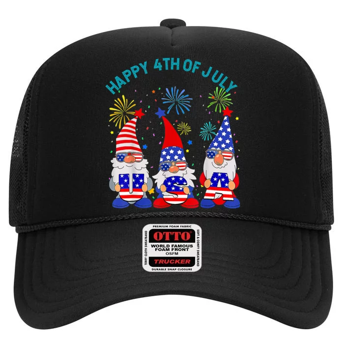 Happy 4th Of July Gnome American US Flag 4th Of July High Crown Mesh Trucker Hat