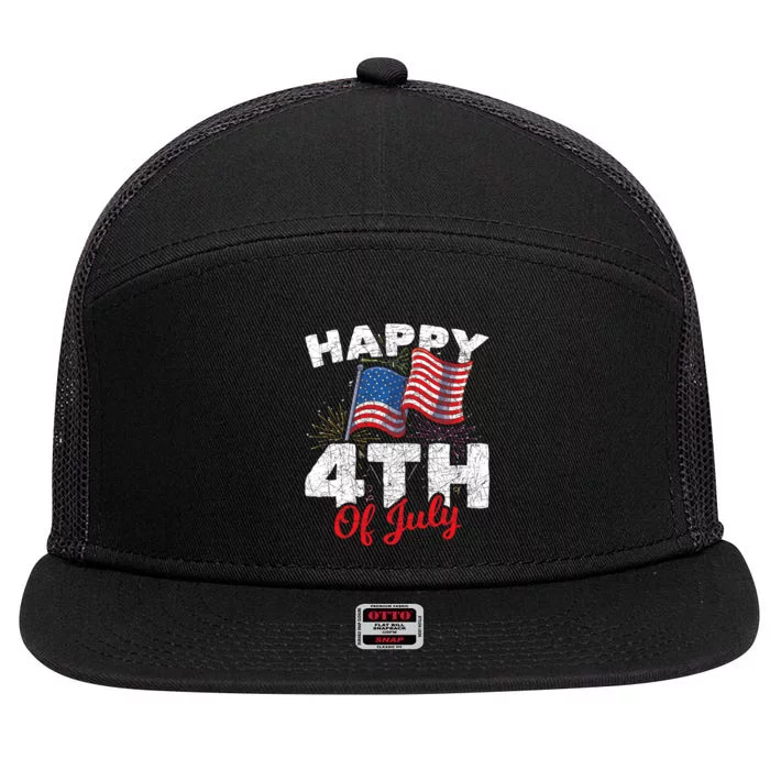 Happy 4th Of July Patriotic American Us Flag 4th Of July 7 Panel Mesh Trucker Snapback Hat