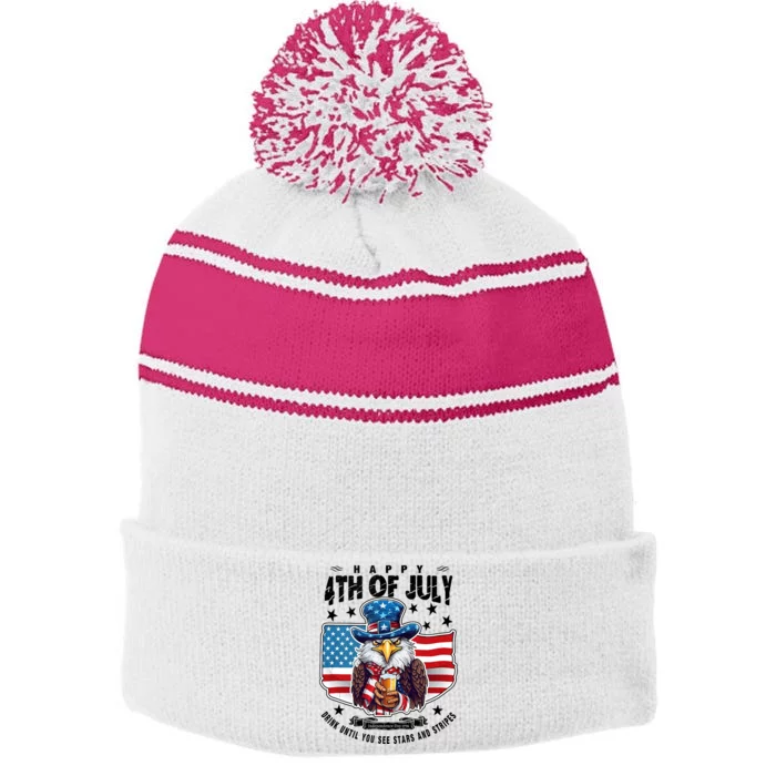 Happy 4th Of July Stars Stripes Usa Bald Eagle Beer Drinking Stripe Pom Pom Beanie