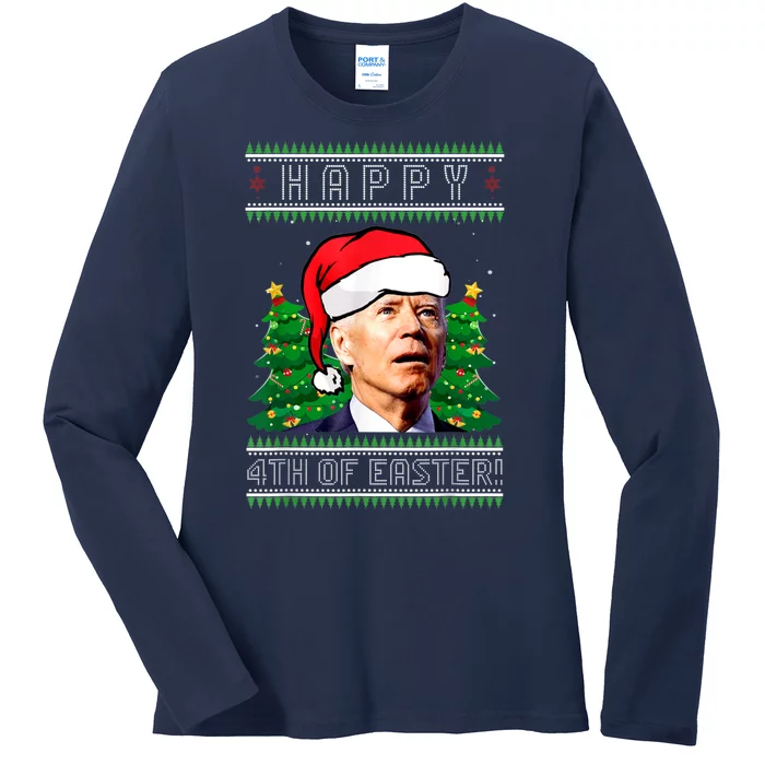 Happy 4th Of Easter Funny Joe Biden Political Ugly Christmas Ladies Long Sleeve Shirt