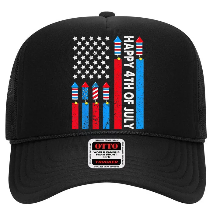 Happy 4th Of July American Flag Fireworks High Crown Mesh Trucker Hat