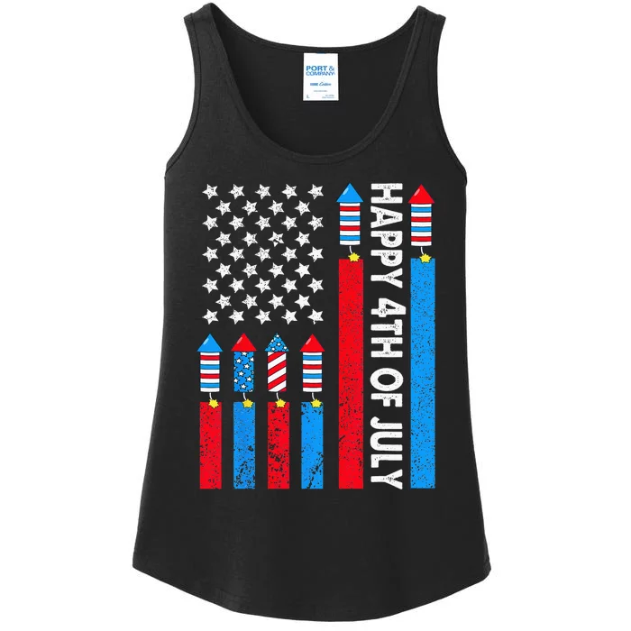 Happy 4th Of July American Flag Fireworks Ladies Essential Tank