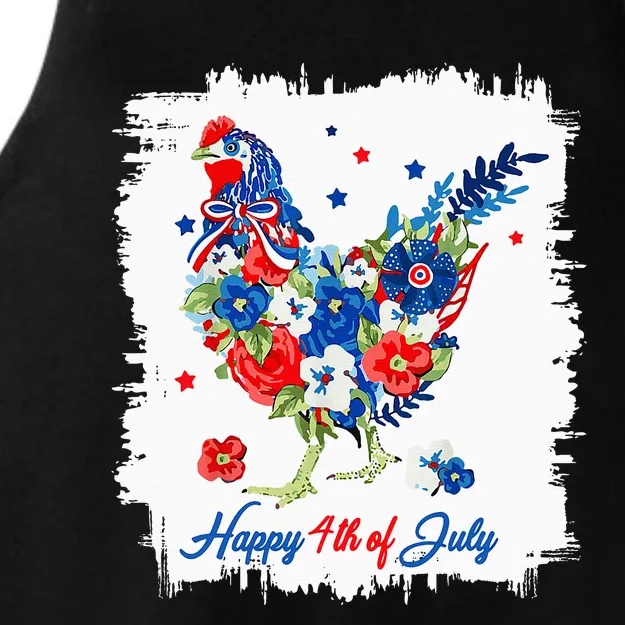 Happy 4th Of July Floral Chicken Flowers Patriotic Usa Flag Ladies Tri-Blend Wicking Tank