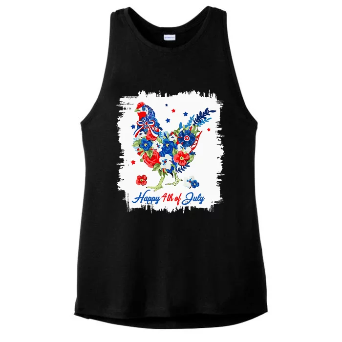 Happy 4th Of July Floral Chicken Flowers Patriotic Usa Flag Ladies Tri-Blend Wicking Tank