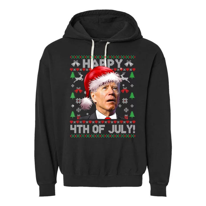 Happy 4th Of July Merry Santa Hat Biden Ugly Christmas Garment-Dyed Fleece Hoodie