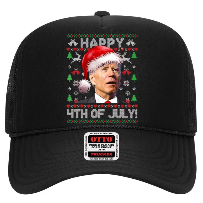 Happy 4th Of July Merry Santa Hat Biden Ugly Christmas High Crown Mesh Trucker Hat