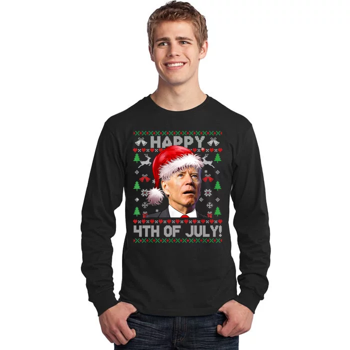 Happy 4th Of July Merry Santa Hat Biden Ugly Christmas Tall Long Sleeve T-Shirt