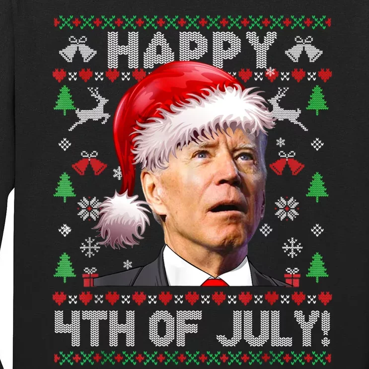 Happy 4th Of July Merry Santa Hat Biden Ugly Christmas Tall Long Sleeve T-Shirt