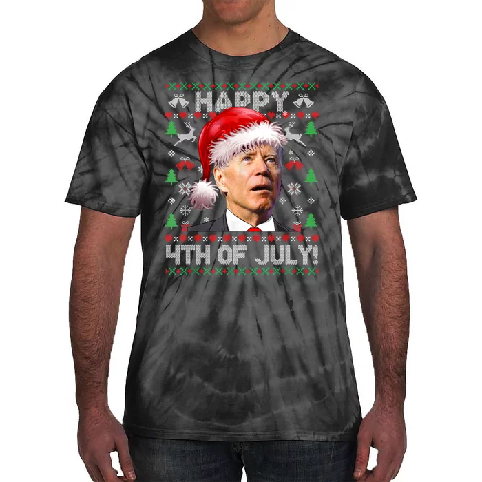 Happy 4th Of July Merry Santa Hat Biden Ugly Christmas Tie-Dye T-Shirt