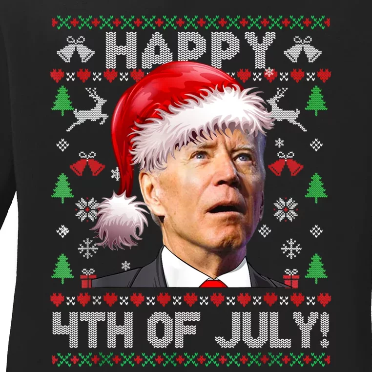 Happy 4th Of July Merry Santa Hat Biden Ugly Christmas Ladies Long Sleeve Shirt