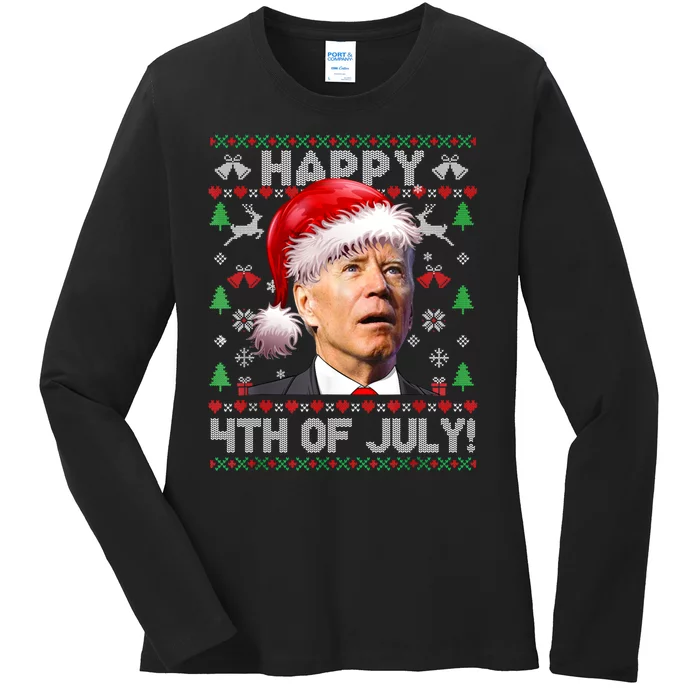 Happy 4th Of July Merry Santa Hat Biden Ugly Christmas Ladies Long Sleeve Shirt