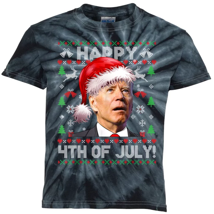 Happy 4th Of July Merry Santa Hat Biden Ugly Christmas Kids Tie-Dye T-Shirt