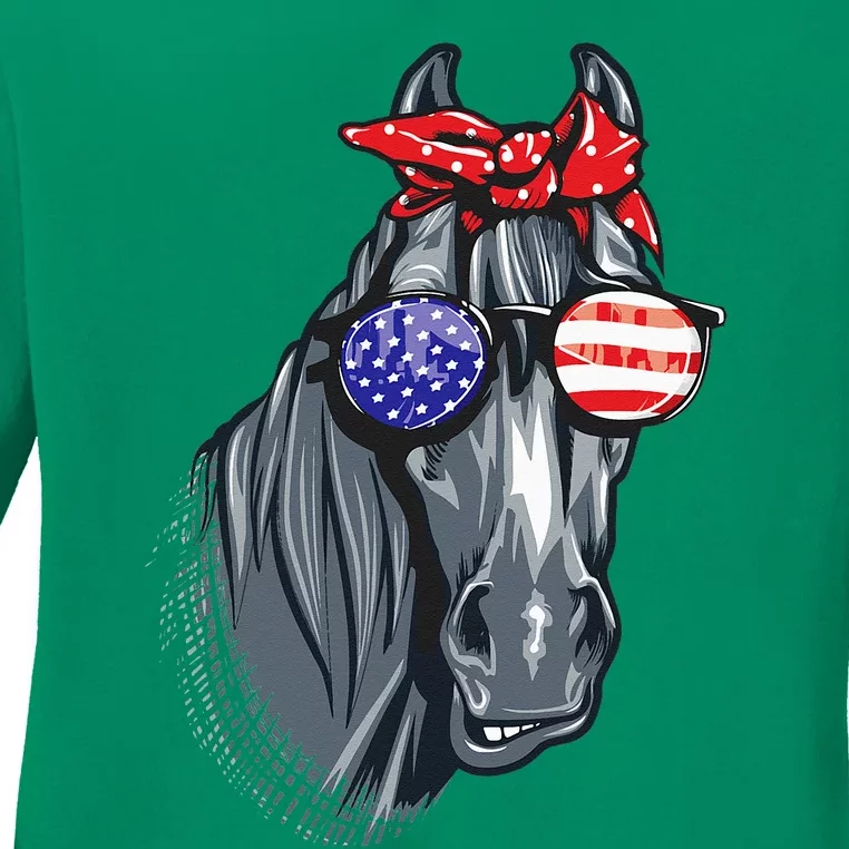 Horse 4th Of July Horse Graphic American Flag Ladies Long Sleeve Shirt