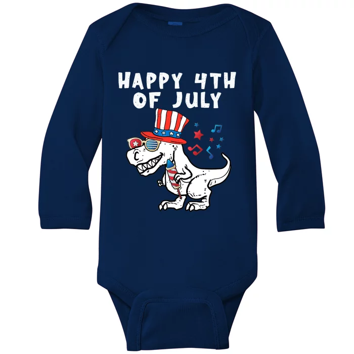 Happy 4th Of July T Rex Dino Dinosaur Baby Boy Baby Long Sleeve Bodysuit