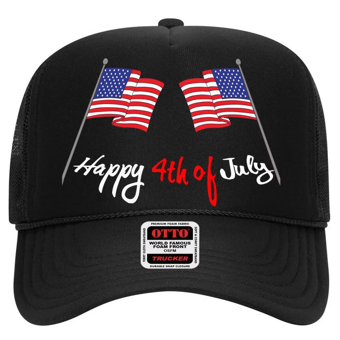 Happy 4th Of July USA Flag High Crown Mesh Trucker Hat