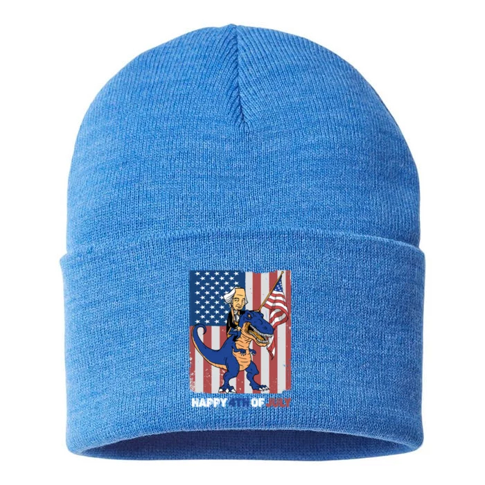 Happy 4th Of July American President Riding A Dinosaur Meaningful Gift Sustainable Knit Beanie