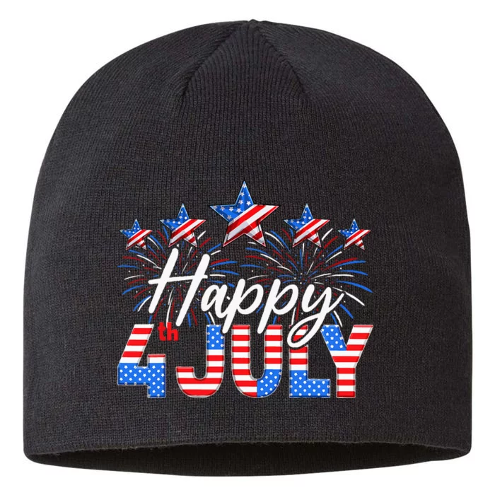 Happy 4th Of July American Flag Gifts Fireworks Patriotic 8 1/2in Sustainable Knit Beanie