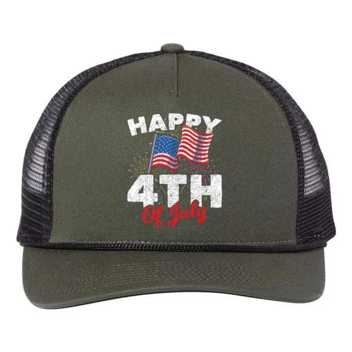 Happy 4th Of July Patriotic American Us Flag 4th Of July Retro Rope Trucker Hat Cap