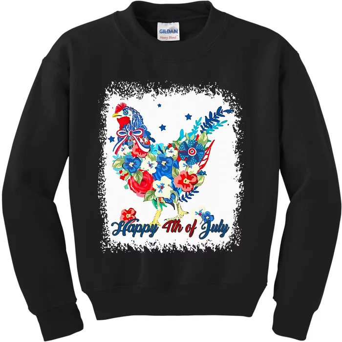 Happy 4th Of July Floral Chicken Flowers Patriotic Usa Flag Kids Sweatshirt