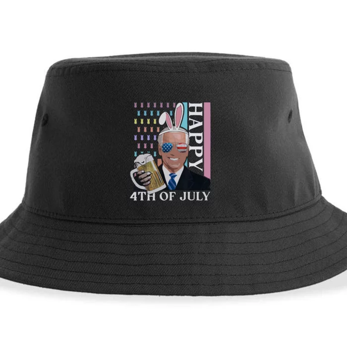 Happy 4th Of July Funny Bunny Joe Biden Cheer Beer Lover America Flag Sustainable Bucket Hat