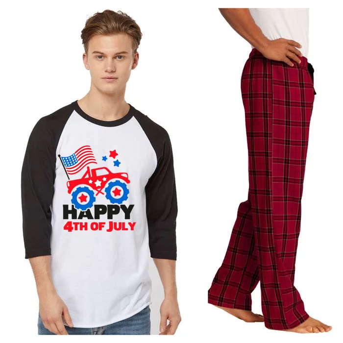 Happy 4th Of July Monster Truck American Flag Raglan Sleeve Pajama Set