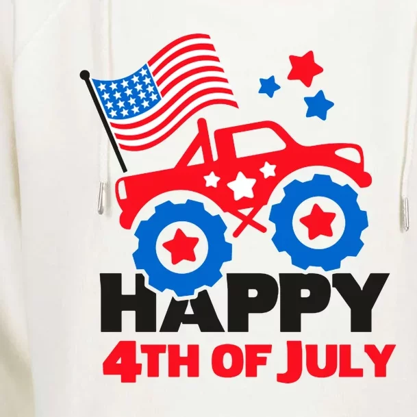 Happy 4th Of July Monster Truck American Flag Womens Funnel Neck Pullover Hood