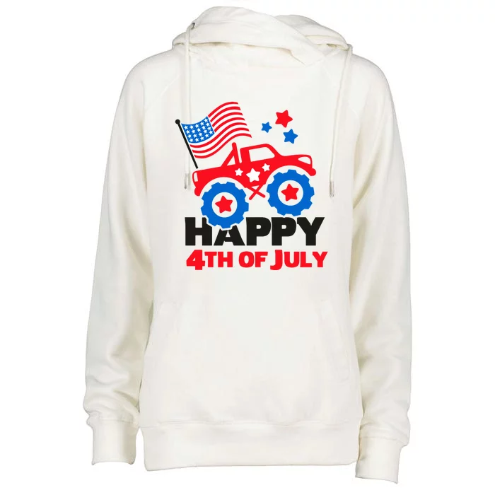 Happy 4th Of July Monster Truck American Flag Womens Funnel Neck Pullover Hood