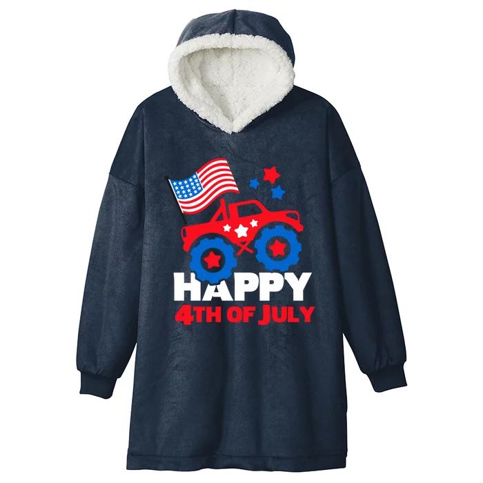 Happy 4th Of July Monster Truck American Flag Hooded Wearable Blanket