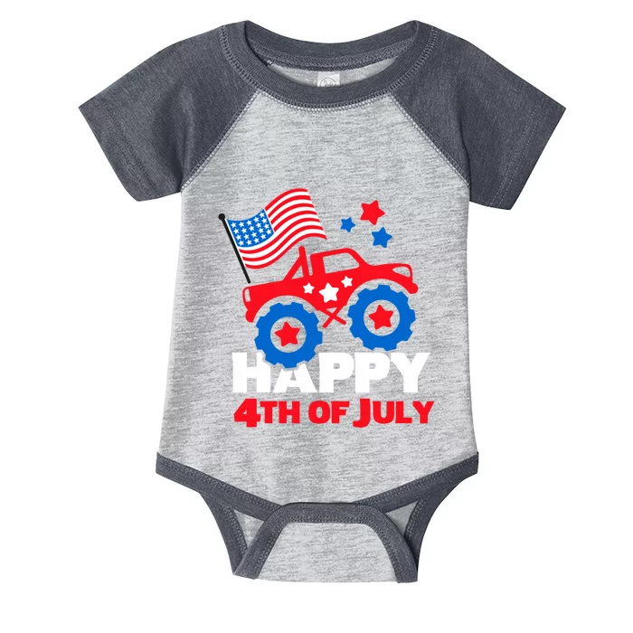 Happy 4th Of July Monster Truck American Flag Infant Baby Jersey Bodysuit