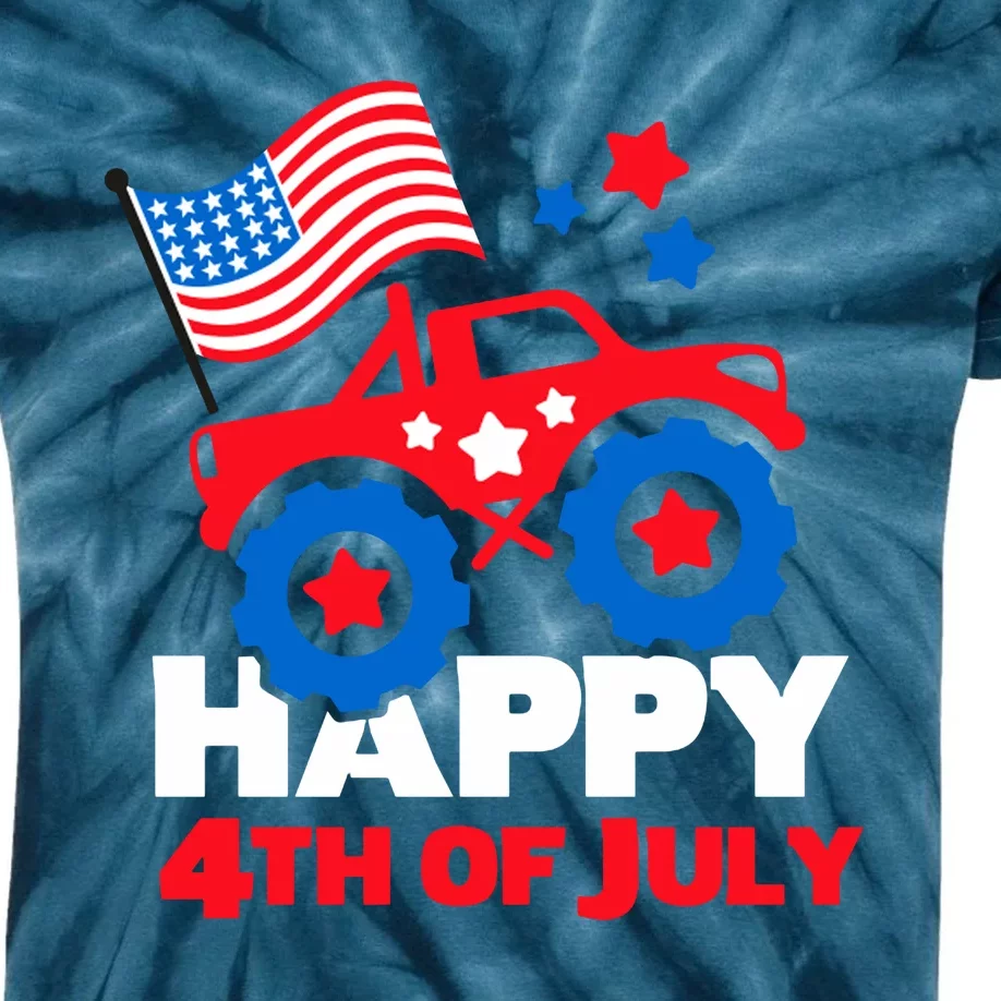 Happy 4th Of July Monster Truck American Flag Kids Tie-Dye T-Shirt