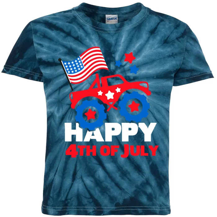 Happy 4th Of July Monster Truck American Flag Kids Tie-Dye T-Shirt