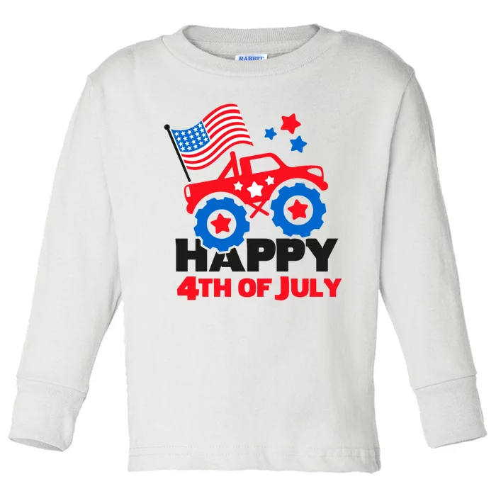 Happy 4th Of July Monster Truck American Flag Toddler Long Sleeve Shirt