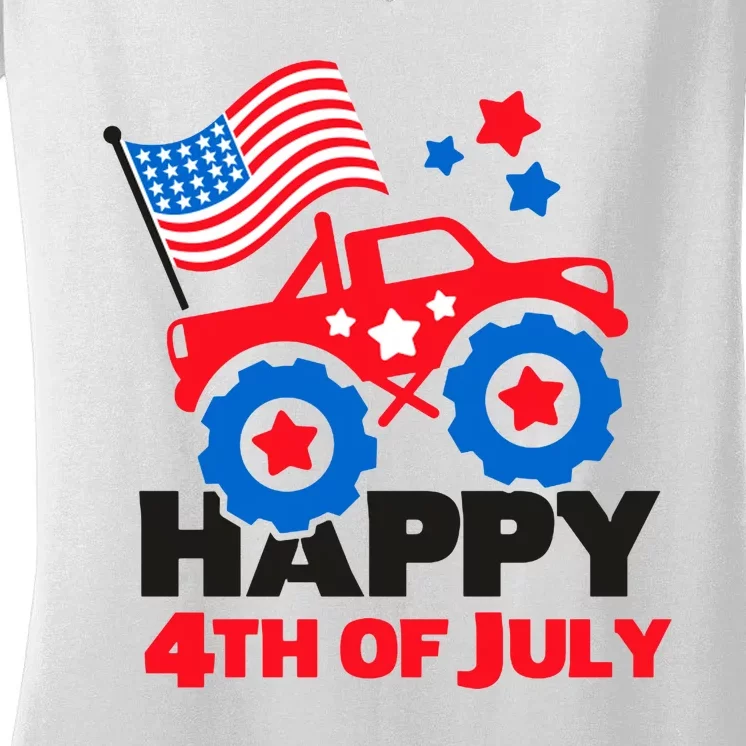 Happy 4th Of July Monster Truck American Flag Women's V-Neck T-Shirt